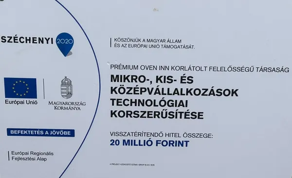 Széchenyi 2020 tájékoztató tábla: Prémium Oven Inn Kft., technológiai korszerűsítés, 20 millió forint hitel